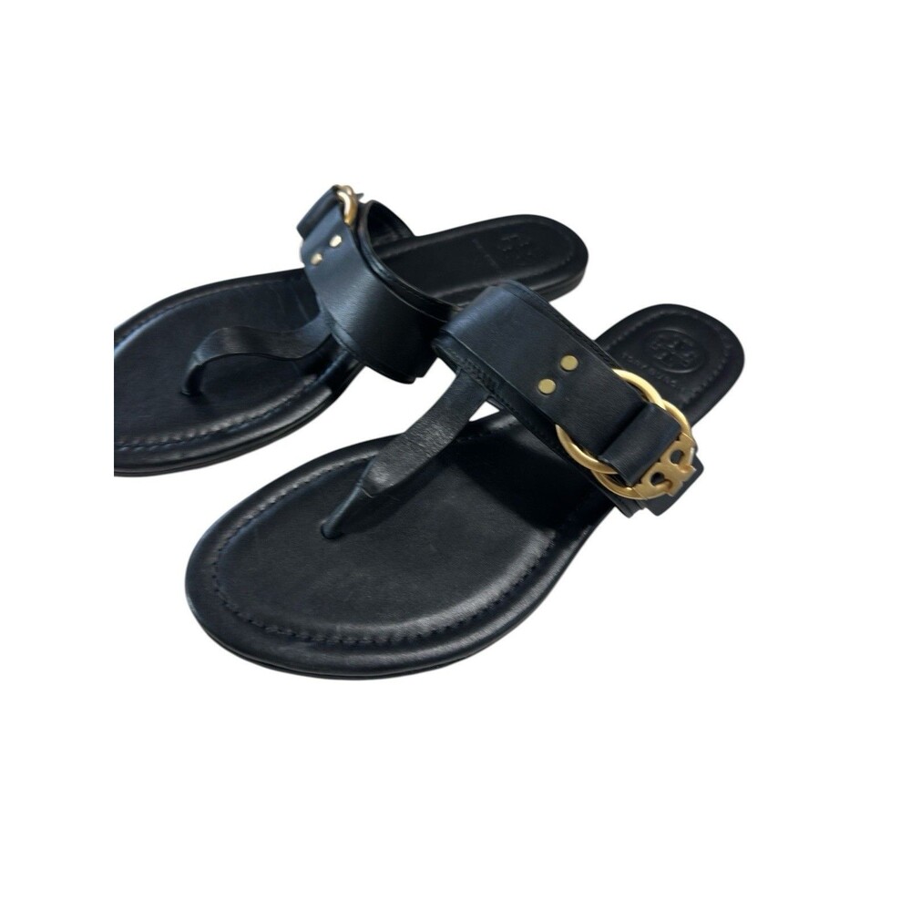 Tory Burch Marsden Miller Black Flat Thong Sandals Gold Buckle Size 6 Leather